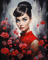 Портрет Одри Хепберн в красных цветах
