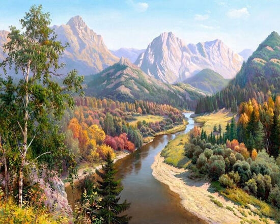 Алмазная мозаика 40x50 Осенний пейзаж с горами и рекой