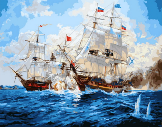 Картина по номерам 40x50 Морской бой на парусных кораблях