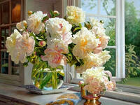 Без бренда «Ваза с букетом белых пионов у окна» в Калуге