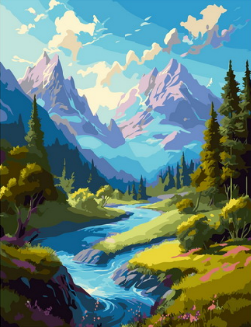 Картина по номерам 40x50 Нежно-голубая река среди гор и лесов