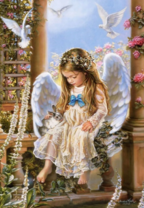 Ангел в светлом платье среди цветов