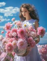 Девушка с нежным розовым букетом